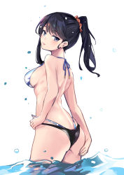 Rule 34 | 10s, 1girl, ass, back, bare arms, bare back, bare shoulders, bikini, bkko, black hair, blue bikini, blue eyes, blue ribbon, blush, breasts, cowboy shot, gridman universe, hair ornament, hair scrunchie, hand on own hip, hand on own ass, layered bikini, long hair, looking at viewer, looking to the side, medium breasts, parted lips, ponytail, ribbon, scrunchie, sideboob, simple background, skindentation, smile, solo, ssss.gridman, swimsuit, takarada rikka, wading, water, water drop, white background