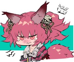 Rule 34 | 1girl, animal ears, arknights, black jacket, blush, chibi, closed mouth, collared shirt, cropped torso, dated, eyebrows hidden by hair, fbc, green background, hair between eyes, jacket, nose blush, off shoulder, pink hair, red eyes, shamare (arknights), shirt, solo, tail, tears, transparent background, twintails, two-tone background, upper body, v-shaped eyebrows, wavy mouth, white background, white shirt