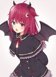 Rule 34 | 1girl, :o, ahoge, black capelet, black dress, blue eyes, blush, bow, brown wings, capelet, commentary request, crescent, crescent hair ornament, demon girl, demon horns, demon wings, dress, fang, frilled capelet, frilled dress, frills, grey background, hair ornament, heterochromia, highres, horns, leaning forward, long hair, long sleeves, looking at viewer, nijisanji, open mouth, racchi., red bow, red eyes, red hair, simple background, solo, two side up, virtual youtuber, wings, yuzuki roa