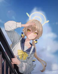 Rule 34 | 1girl, absurdres, aendi en d endei, blue archive, blue sky, blush, cloud, commentary request, from below, hair between eyes, halo, hand on railing, hifumi (blue archive), highres, lens flare, light smile, long hair, long sleeves, low twintails, ribbon, sailor collar, school uniform, signature, skirt, sky, smile, solo, twintails, upper body, yellow eyes, yellow ribbon