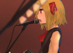 Rule 34 | 1girl, bad id, bad pixiv id, blonde hair, blurry, depth of field, fang, guitar, hair ribbon, hinami047, instrument, koakuma, microphone, microphone stand, open mouth, red eyes, ribbon, rumia, short hair, solo, touhou