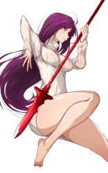 Rule 34 | 1girl, ass, barefoot, bottomless, covered erect nipples, fate/grand order, fate (series), long hair, polearm, purple eyes, purple hair, scathach (fate), scathach (fate), simple background, solo, spear, tokiwa mmm, turtleneck, weapon, white background