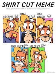 Rule 34 | 1girl, :d, absurdres, alternate breast size, animal ears, black eyes, black jacket, blazer, blonde hair, blue overalls, breasts, cleavage, cleavage cutout, clothes lift, clothing cutout, coco bandicoot, commentary, covering nipples, covering privates, crash bandicoot (series), english text, eyewear on head, fang, furrowed brow, furry, furry female, goggles, goggles on head, grin, hair over one eye, half-closed eyes, highres, jacket, lapels, large breasts, looking at breasts, makeup, meme, multiple drawing challenge, multiple girls, multiple views, naked overalls, naughty face, navel, no bra, one eye covered, open clothes, open jacket, open mouth, orange hair, overalls, panties, pink panties, shirt, shirt cut meme, shirt lift, smile, thong, tongue, tongue out, underboob, underwear, undressing, v-shaped eyebrows, white shirt, yopycmd
