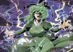 Rule 34 | 1girl, :d, black hat, breasts, covered navel, cross-laced clothes, dress, green dress, green eyes, green hair, hat, highres, juliet sleeves, large breasts, lightning, long sleeves, looking at viewer, nunnun (shunka shuutou), open mouth, outdoors, puffy sleeves, rain, short hair, smile, soga no tojiko, solo, tate eboshi, touhou