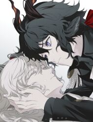Rule 34 | 2boys, animal ears, arknights, black hair, black jacket, closed eyes, closed mouth, collared shirt, crying, crying with eyes open, ebenholz (arknights), epaulettes, facing another, gradient background, grey background, grey hair, grey shirt, hand on another&#039;s face, highres, horns, jacket, kreide (arknights), long hair, long sleeves, looking at another, male focus, multiple boys, portrait, purple eyes, rio (rio773), shirt, tears, white background