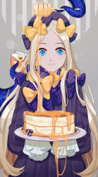 Rule 34 | 1girl, abigail williams (fate), black bow, black dress, blonde hair, blue eyes, bow, dress, fate/grand order, fate (series), gina 61324, grey background, hair bow, highres, holding, holding plate, long hair, long sleeves, looking at viewer, multiple hair bows, parted bangs, plate, polka dot, polka dot bow, sleeves past wrists, smile, solo, standing, tentacles, very long hair, yellow bow