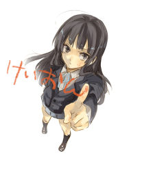 Rule 34 | 00s, 1girl, akiyama mio, from above, full body, k-on!, kneehighs, masso, miniskirt, mirrored text, school uniform, simple background, skirt, socks, solo, standing, white background, writing, drawing on fourth wall
