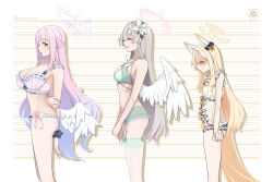 Rule 34 | 3girls, ^ ^, animal ears, babydoll, blonde hair, blue archive, blush, bra, breasts, bust chart, closed eyes, extra ears, feathered wings, flat chest, fox ears, frilled babydoll, from side, green bra, green panties, halo, height chart, highres, large breasts, light brown hair, long hair, mika (blue archive), multiple girls, nagisa (blue archive), panties, pink bra, pink hair, pink panties, profile, scrunchie, seia (blue archive), straight hair, sweatdrop, tea party (blue archive), underwear, underwear only, very long hair, white wings, wings, wrist scrunchie, yellow babydoll, yoru0409