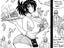 Rule 34 | !, !!, 1girl, 4boys, absurdres, banknote, bare shoulders, bb (baalbuddy), breasts, burger, cleavage, commentary, coomer (meme), drink, english commentary, english text, food, formal, highres, holding, holding tray, hooters, huge breasts, irs, manyuu chifusa, manyuu hikenchou, meme, money, monochrome, multiple boys, muscular, muscular male, ponytail, short shorts, shorts, sideboob, simple background, smile, speech bubble, suit, sunglasses, tank top, tray, tucked money