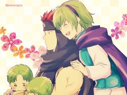 Rule 34 | 1girl, blue eyes, blush, brothers, cape, father and son, fire emblem, fire emblem: the binding blade, fire emblem: the blazing blade, gloves, green eyes, green hair, hairband, highres, jaffar (fire emblem), lugh (fire emblem), mother and son, nino (fire emblem), nintendo, nishimura (nianiamu), open mouth, raigh (fire emblem), red hair, short hair, siblings, smile, aged down