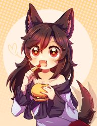Rule 34 | + +, 1girl, absurdres, animal ears, arms up, bare shoulders, blouse, blush, brown hair, burger, dress, dungeon toaster, food, food focus, frills, gem, gradient background, hair between eyes, hands up, heart, highres, imaizumi kagerou, ketchup, long hair, long sleeves, looking at viewer, multicolored background, open mouth, orange background, potato, red dress, red eyes, shirt, smile, solo, tail, touhou, white shirt, white sleeves, wolf ears, wolf tail, yellow background