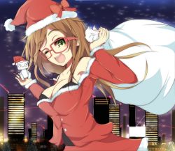 Rule 34 | 1girl, ;d, bad id, bad pixiv id, blush, breasts, brown hair, building, christmas, collarbone, glasses, green eyes, hat, holding, large breasts, long hair, looking at viewer, one eye closed, open mouth, original, sack, santa costume, santa hat, skirt, skyscraper, smile, solo, sparkle, velia, wink