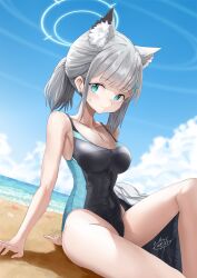 Rule 34 | 1girl, animal ear fluff, animal ears, beach, black one-piece swimsuit, blue archive, blue eyes, blue sky, breasts, cloud, competition swimsuit, covered navel, cowboy shot, cross hair ornament, day, extra ears, grey hair, hair ornament, halo, highres, horizon, low ponytail, medium breasts, medium hair, mg42cat-k1ng, mismatched pupils, multicolored clothes, multicolored swimsuit, ocean, official alternate costume, one-piece swimsuit, outdoors, shiroko (blue archive), shiroko (swimsuit) (blue archive), sitting, sky, solo, swimsuit, wolf ears