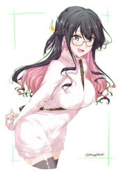 Rule 34 | 1girl, alternate costume, bag, bespectacled, between breasts, black-framed eyewear, black hair, blush, breasts, commentary request, dress, fang, glasses, grey legwear, hair between eyes, hair ribbon, kantai collection, large breasts, long hair, long sleeves, looking at viewer, mikage takashi, multicolored hair, naganami (kancolle), open mouth, pink hair, purple eyes, ribbon, semi-rimless eyewear, shoulder bag, simple background, smile, solo, standing, strap between breasts, sweater, sweater dress, two-tone hair, wavy hair, yellow ribbon