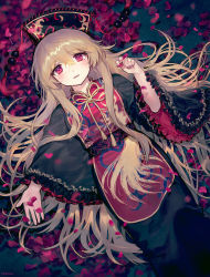 Rule 34 | 1girl, ainy, black dress, black hat, blonde hair, chinese clothes, crescent, dress, fingernails, frilled sleeves, frills, from above, hair between eyes, hat, junko (touhou), long hair, long sleeves, looking at viewer, lying, md5 mismatch, on back, parted lips, petals, red eyes, resolution mismatch, ribbon, rose petals, sash, solo, source larger, tabard, tareme, tassel, touhou, wide sleeves, yellow ribbon