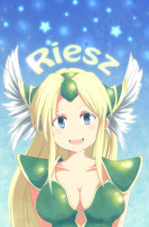 Rule 34 | 1girl, armor, blonde hair, blue eyes, breasts, character name, cleavage, famiki, highres, long hair, looking at viewer, no nose, open mouth, riesz, seiken densetsu, seiken densetsu 3, smile, solo, square enix, upper body