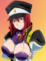 Rule 34 | 00s, 1girl, breasts, crossed arms, forte stollen, galaxy angel, hat, huge breasts, monocle, monocle chain, nuu hihi, red hair, solo