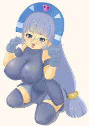Rule 34 | 1girl, absurdres, breasts, covered erect nipples, elbow gloves, glasses, gloves, gluko, heart, heart-shaped pupils, highres, huge breasts, kneeling, naughty face, open mouth, rokumon tengai mon colle knight, simple background, symbol-shaped pupils, tagme, twintails