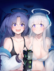 Rule 34 | 2girls, black bra, blue archive, blush, bra, breasts, collarbone, commentary request, graphics card, grey hair, halo, highres, indoors, jacket, large breasts, long hair, long sleeves, looking at viewer, mechanical halo, multiple girls, nakatokung, navel, noa (blue archive), open clothes, open jacket, open mouth, purple eyes, purple hair, two side up, underwear, white bra, white jacket, yuuka (blue archive)