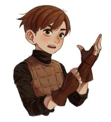 Rule 34 | 1boy, armor, black sweater, brown eyes, brown gloves, brown hair, chilchuck tims, cropped torso, dungeon meshi, fingerless gloves, gloves, halfling, hands up, jo4hedan, korean commentary, leather armor, looking ahead, male focus, putting on gloves, short hair, simple background, sleeves rolled up, solo, sweater, turtleneck, turtleneck sweater, upper body, white background