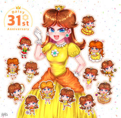 Rule 34 | 6+girls, absurdres, anniversary, blue eyes, breasts, brown hair, crown, dr. mario (game), dr. mario world, dress, earrings, flower earrings, grin, hat, highres, jacket, jewelry, leotard, looking at viewer, mario &amp; sonic at the london 2012 olympic games, mario &amp; sonic at the olympic games, mario (series), mario golf, mario kart, mario open golf, mario party, mario tennis, multiple girls, nintendo, one eye closed, open mouth, orange dress, princess daisy, puffy short sleeves, puffy sleeves, retro artstyle, short sleeves, shorts, skirt, smash ball, smile, super mario bros. 1, super mario land, super mario strikers, super smash bros., tomboy, wink