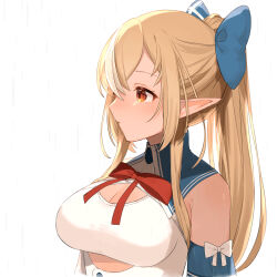 Rule 34 | 1girl, absurdres, bare shoulders, blonde hair, blue bow, bow, bowtie, breasts, cleavage, cleavage cutout, clothing cutout, cutout above navel, dark-skinned female, dark skin, detached sleeves, elf, hair bow, high ponytail, highres, hololive, large breasts, long hair, looking away, looking to the side, mikukana133, multicolored hair, orange eyes, pointy ears, red bow, red bowtie, shiranui flare, shiranui flare (1st costume), shirt, sidelocks, simple background, skirt, skirt set, solo, streaked hair, upper body, virtual youtuber, white background, white shirt