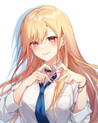 Rule 34 | 1girl, black collar, blonde hair, bracelet, breast pocket, closed mouth, collar, collared shirt, ear piercing, earrings, floating hair, hair between eyes, heart, heart hands, highres, jewelry, kitagawa marin, long hair, long sleeves, looking at viewer, piercing, pocket, red eyes, ring, shadow, shirt, simple background, smile, solo, sono bisque doll wa koi wo suru, very long hair, white background, white shirt, wing collar, yunweishukuang