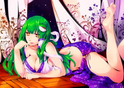 Rule 34 | 1girl, ass, bare legs, bare shoulders, barefoot, breasts, brown eyes, bug, butt crack, butterfly, cleavage, feet, female focus, green hair, hair ornament, highres, bug, kalalasan, kochiya sanae, large breasts, lips, long hair, long toenails, looking at viewer, lying, naughty face, no bra, no panties, on stomach, skirt, sleeveless, snake, soles, solo, the pose, toenails, toes, touhou