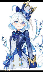 Rule 34 | 1girl, :p, ahoge, ascot, black border, blue ascot, blue bow, blue brooch, blue eyes, blue hair, blue hat, blue jacket, border, bow, furina (genshin impact), genshin impact, hair between eyes, hat, heterochromia, highres, jacket, light blue hair, looking at viewer, multicolored hair, sakura yuu (hzjy8485), sidelocks, simple background, smile, solo, streaked hair, tongue, tongue out, top hat, two-tone hair, white background