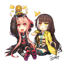 Rule 34 | 2girls, :d, ^^^, arms up, black footwear, black gloves, black jacket, black legwear, black shirt, black shorts, black skirt, blunt bangs, blush, boots, brown hair, chibi, collared shirt, commentary, dated, dinergate (girls&#039; frontline), fingerless gloves, girls&#039; frontline, gloves, hair between eyes, heterochromia, jacket, long hair, looking at another, looking away, looking up, low twintails, m4 sopmod ii (girls&#039; frontline), m4 sopmod ii (mod3) (girls&#039; frontline), mechanical arms, mod3 (girls&#039; frontline), multicolored hair, multiple girls, on head, open clothes, open jacket, open mouth, orange eyes, pink hair, pleated skirt, prosthesis, prosthetic arm, puffy short sleeves, puffy sleeves, red eyes, ro635 (girls&#039; frontline), robot, seiza, shirt, short shorts, short sleeves, shorts, sidelocks, signature, simple background, single mechanical arm, sitting, skirt, smile, streaked hair, sweater vest, tama yu, thigh boots, thighhighs, twintails, v-shaped eyebrows, very long hair, white background, white hair, white shirt, yellow eyes, yellow jacket