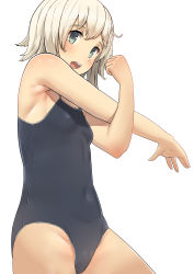Rule 34 | 1girl, :d, absurdres, armpits, bad id, bad pixiv id, bare arms, blonde hair, blue one-piece swimsuit, blush, breasts, clenched hand, commentary request, competition school swimsuit, covered navel, cowboy shot, green eyes, groin, hands up, highres, kantai collection, looking at viewer, one-piece swimsuit, open mouth, osananajimi neko, revision, school swimsuit, shimushu (kancolle), short hair, skin tight, small breasts, smile, solo, standing, stretching, swimsuit, teeth, upper teeth only