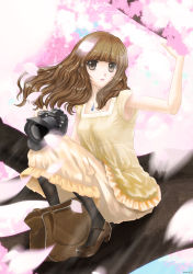 Rule 34 | bag, brown eyes, brown hair, camera, cherry blossoms, dress, high heels, highres, in tree, jewelry, long hair, necklace, original, pantyhose, shoes, sitting, sitting in tree, solo, tomizawa jun, tree