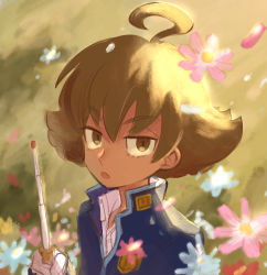 Rule 34 | 1boy, ace attorney, ace attorney investigations, ace attorney investigations 2, brown eyes, brown hair, flower, highres, holding, holding wand, ichiyanagi yumihiko, looking at viewer, nono (norabi), outdoors, parted lips, solo, sunlight, wand