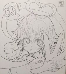 Rule 34 | 1girl, ahoge, aino heart, arcana heart, breasts, clenched hand, heart, heart ahoge, incoming attack, incoming punch, looking at viewer, medium breasts, monochrome, necktie, open mouth, outstretched arm, punching, ribbon, school uniform, serious, short hair, sketch, solo, traditional media