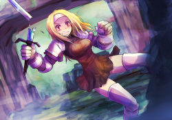 Rule 34 | 1girl, armor, blonde hair, breasts, broken, broken sword, broken weapon, brown eyes, dress, dutch angle, female focus, final fantasy, final fantasy tactics, gloves, headband, kara (color), long hair, open mouth, shirt, shoulder pads, solo, squire (fft), sweat, sword, taut clothes, taut shirt, tears, thighhighs, weapon