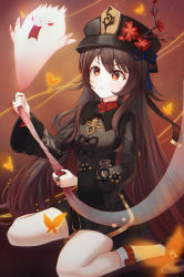 Rule 34 | 1girl, black footwear, black hat, black shirt, blouse, blush, brown hair, brown shirt, bug, butterfly, chinese clothes, commentary, flower, full body, genshin impact, ghost, hair between eyes, hat, hat flower, highres, hu tao (genshin impact), insect, jewelry, kneehighs, long hair, long sleeves, looking at another, mandarin collar, multiple rings, orange butterfly, porkpie hat, prana (prana12), red background, red eyes, red flower, ring, shirt, shoes, short shorts, shorts, sitting, socks, solo, star-shaped pupils, star (symbol), symbol-shaped pupils, twintails, very long hair, wariza, white socks, wide sleeves