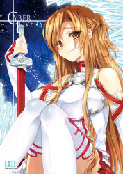 Rule 34 | 10s, 1girl, armor, asuna (sao), bare shoulders, blush, breastplate, brown eyes, brown hair, cover, cover page, creayus, detached sleeves, holding, long hair, sitting, skirt, smile, solo, sword, sword art online, thighhighs, weapon, white thighhighs