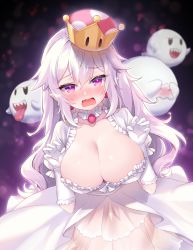 Rule 34 | 1girl, blush, boo (mario), breasts, brooch, cleavage, collarbone, crown, detached collar, dress, earrings, embarrassed, fangs, frilled dress, frills, gloves, hair between eyes, highres, jewelry, large breasts, long hair, looking at viewer, luigi&#039;s mansion, mario (series), moorina, new super mario bros. u deluxe, nintendo, open mouth, pointy ears, princess king boo, purple eyes, see-through, super crown, teeth, wavy mouth, white dress, white gloves, white hair