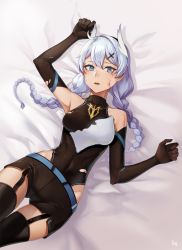 Rule 34 | 1girl, aliceblue, arm up, bad id, bad pixiv id, bed sheet, black gloves, black leotard, black shorts, black thighhighs, blue eyes, blue hair, braid, breasts, covered navel, cross hair ornament, elbow gloves, garter straps, gloves, hair between eyes, hair ornament, hand up, highres, hip focus, honkai (series), honkai impact 3rd, kiana kaslana, kiana kaslana (knight moonbeam), leotard, long hair, looking at viewer, lying, medium breasts, on back, open mouth, short shorts, shorts, solo, teeth, thighhighs, thighs, torn clothes, torn leotard, triangle mouth, tsurime, turtleneck, twin braids