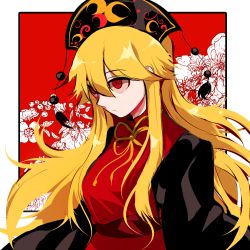 Rule 34 | 1girl, black dress, black hat, blonde hair, chinese clothes, closed mouth, crescent, dress, expressionless, floating hair, floral background, from side, hat, junko (touhou), long hair, long sleeves, looking afar, mindoll, red background, red eyes, ribbon, shaded face, sidelocks, solo, tabard, tassel, touhou, two-tone background, upper body, very long hair, white background, wide sleeves, yellow ribbon