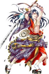 Rule 34 | 10s, 1boy, androgynous, detached sleeves, egasumi, full body, injury, japanese clothes, jirou tachi, long hair, male focus, official art, ootachi, open clothes, overhead swing, sandals, solo, tabi, tomida tomomi, torn clothes, touken ranbu, transparent background