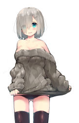 Rule 34 | 10s, 1girl, absurdres, ass, bad id, bad pixiv id, bare shoulders, black panties, black thighhighs, blue eyes, blush, breasts, gluteal fold, hair over one eye, hamakaze (kancolle), highres, kantai collection, kumashou (nabeyama kaidou), large breasts, looking at viewer, panties, ribbed sweater, silver hair, simple background, smile, solo, sweater, thigh gap, thighhighs, thighs, underwear, white background