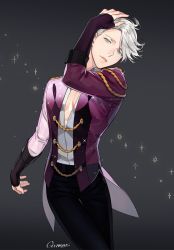 Rule 34 | 10s, 1boy, alternate costume, artist name, blue eyes, coattails, cowboy shot, fingerless gloves, gearous, gloves, gradient background, grey background, lips, looking at viewer, male focus, parted lips, silver hair, simple background, solo, sparkle, viktor nikiforov, yuri!!! on ice