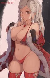 Rule 34 | 1girl, artist name, bikini, black gloves, breasts, brown eyes, cameltoe, christmas, cleft of venus, commentary, english commentary, fire emblem, fire emblem awakening, fur-trimmed robe, fur trim, gloves, grey hair, groin, highres, jewelry, large breasts, long hair, looking at viewer, mirai hikari, navel, necklace, nintendo, open mouth, patreon username, red bikini, red robe, red thighhighs, robe, robin (female) (fire emblem), robin (fire emblem), santa bikini, skindentation, solo, stomach, swimsuit, thighhighs, thighs, wavy hair