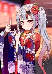 Rule 34 | 1girl, :o, blurry, blurry background, colored tips, floral print, flower, fox shadow puppet, grey hair, hair flower, hair ornament, highres, hololive, horns, japanese clothes, kanzashi, kimono, long hair, looking at viewer, multicolored hair, nakiri ayame, nakiri ayame (new year), red eyes, red hair, side ponytail, solo, streaked hair, trap (drthumt), upper body, virtual youtuber, wide sleeves