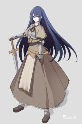 Rule 34 | 1girl, blue hair, brown capelet, brown dress, brown eyes, brown footwear, brown gloves, capelet, chest guard, closed mouth, commentary request, couter, dress, elbow armor, elbow gloves, frilled dress, frills, full body, gauntlets, gloves, grey background, highres, holding, holding sword, holding weapon, long hair, looking at viewer, ragnarok online, reona amane, shoes, simple background, smile, solo, standing, sword, swordsman (ragnarok online), very long hair, weapon