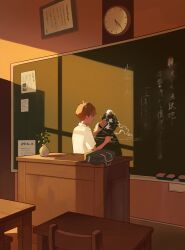 Rule 34 | 1boy, :|, ahoge, bag, board eraser, brown eyes, brown hair, chair, chalk, chalkboard, classroom, clock, closed mouth, collared shirt, desk, evening, expressionless, from behind, highres, holding, holding chalk, indoors, lectern, looking at viewer, male focus, original, paper, plant, profile, school bag, school chair, school desk, school uniform, shadow, shirt, short hair, short sleeves, sidelocks, sideways glance, solo, table, taizo (taizo 03), vase, white shirt, wooden chair, wooden table