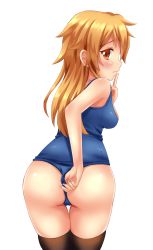 Rule 34 | 1girl, adjusting clothes, adjusting swimsuit, ass, bare shoulders, blush, breasts, female focus, from behind, highres, long hair, looking at viewer, looking back, matching hair/eyes, nottytiffy, orange eyes, orange hair, original, school uniform, shiny clothes, shiny skin, sideboob, simple background, small breasts, solo, swimsuit, thighhighs, tiffy (nottytiffy), wedgie, white background