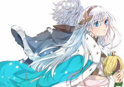 Rule 34 | 1boy, 1girl, anastasia (fate), blue cape, blue eyes, blurry, cape, choker, closed mouth, depth of field, doll, dress, earrings, expressionless, fate/grand order, fate (series), fur-trimmed cape, fur-trimmed jacket, fur trim, gold choker, gold hairband, gold trim, grey hair, grey jacket, hair ornament, hair over one eye, hairband, hands up, holding, holding doll, jacket, jewelry, kadoc zemlupus, leaf hair ornament, long hair, looking at viewer, pink sash, sash, short hair, shoulder sash, simple background, snowing, tsengyun, upper body, viy (fate), white background, white dress, white hair, wind