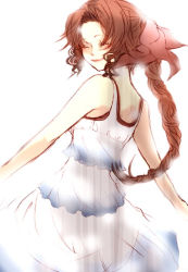 Rule 34 | 1girl, 2000s (style), aerith gainsborough, bare arms, braid, brown hair, crisis core final fantasy vii, curly hair, dress, closed eyes, female focus, final fantasy, final fantasy vii, long hair, multicolored clothes, multicolored dress, ribbon, smile, solo, spinning, square enix, tomo (552252), white background